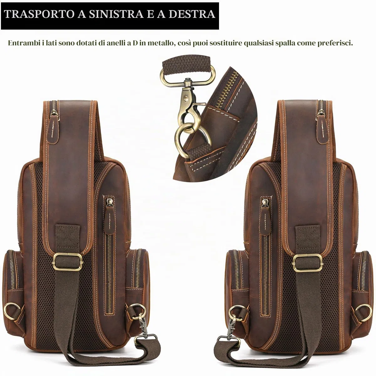 Zaino Monospalla Uomo Vera Pelle Borsello Uomo Pelle Tracolla Spalla Sling Bag Crossbody Bag Borse Petto per Trekking Viaggi Lavoro Scolastici