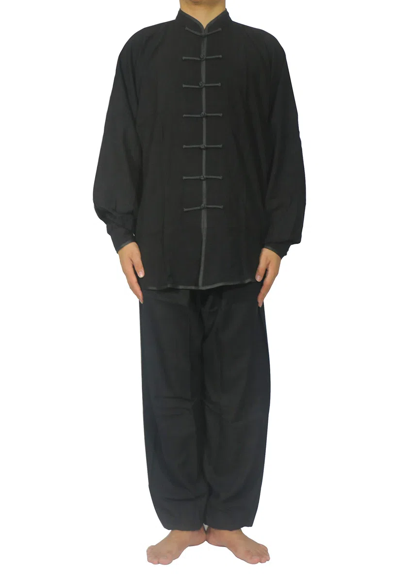 FUYUFU Cotone e Lino Tai Chi Abbigliamento Uniforme Kung Fu Unisex Abbigliamento per Arti Marziali (Un Set) (Nero/Maniche Lunghe, XXXL)