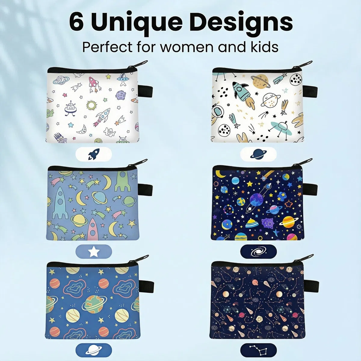 6 Pezzi Portamonete Bambini Spaziale con Cerniera, Mini Borsello Piccolo Portafoglio Multifunzione Portatile Coin Purse con Stampa Stelle e Pianeti per Monete, Chiavi, Auricolari