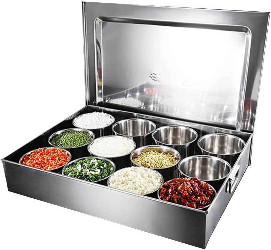 Scatola portaoggetti per condimenti, in acciaio inox, contenitore per spezie self-service per uso commerciale, ideale per cucine di hotel, grande capacità per ingredienti di condimento