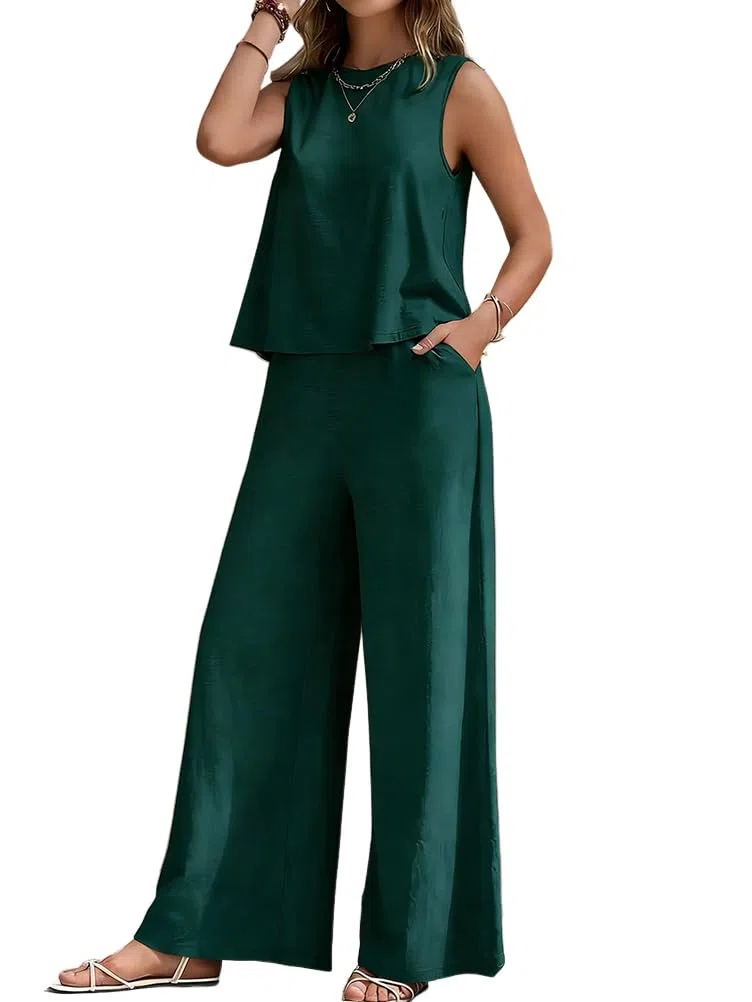 Tuta Donna Estiva Completa 2 Pezzi Top Senza Maniche con Girocollo + Pantaloni a Vita Alta Gamba Larghi Dritti Completo Casuale Leggero