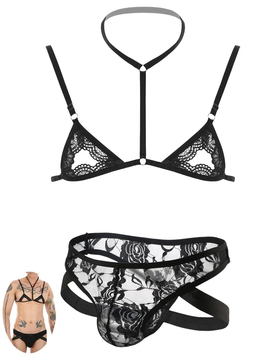 AIEOE Crossdresser, set di lingerie sexy in pizzo, reggiseno e perizoma, taglie S-XL
