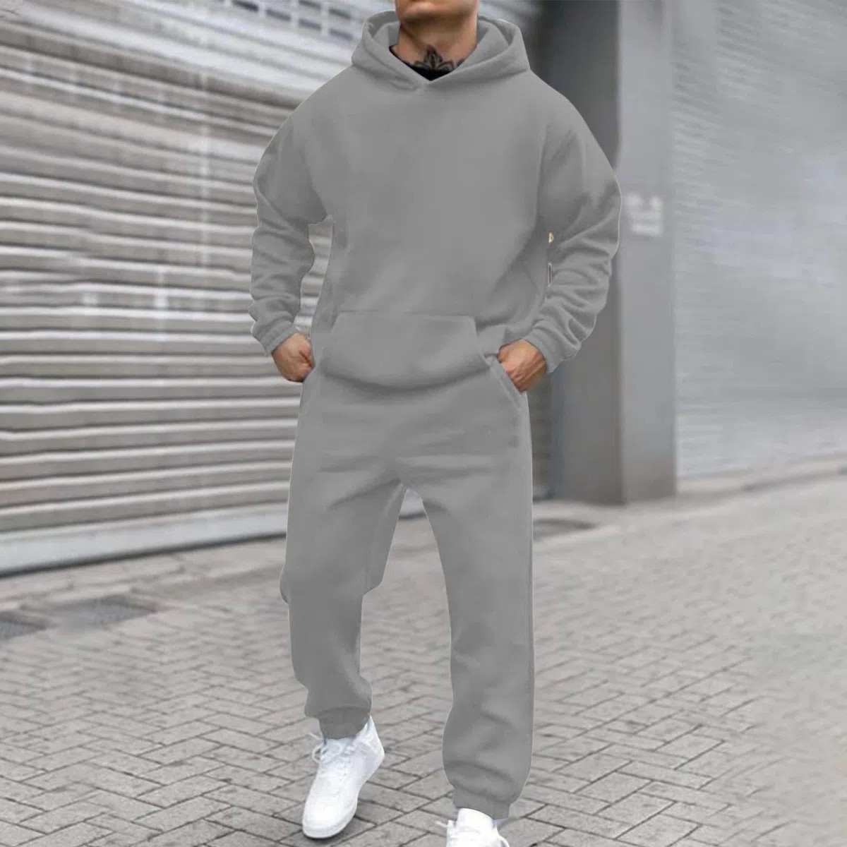 Tuta da jogging da uomo in cotone, comoda felpa con cappuccio e pantaloni sportivi | Felpa con cappuccio e pantaloni da uomo, in cotone, leggera, tinta unita, per il tempo libero, morbida tuta autunnale