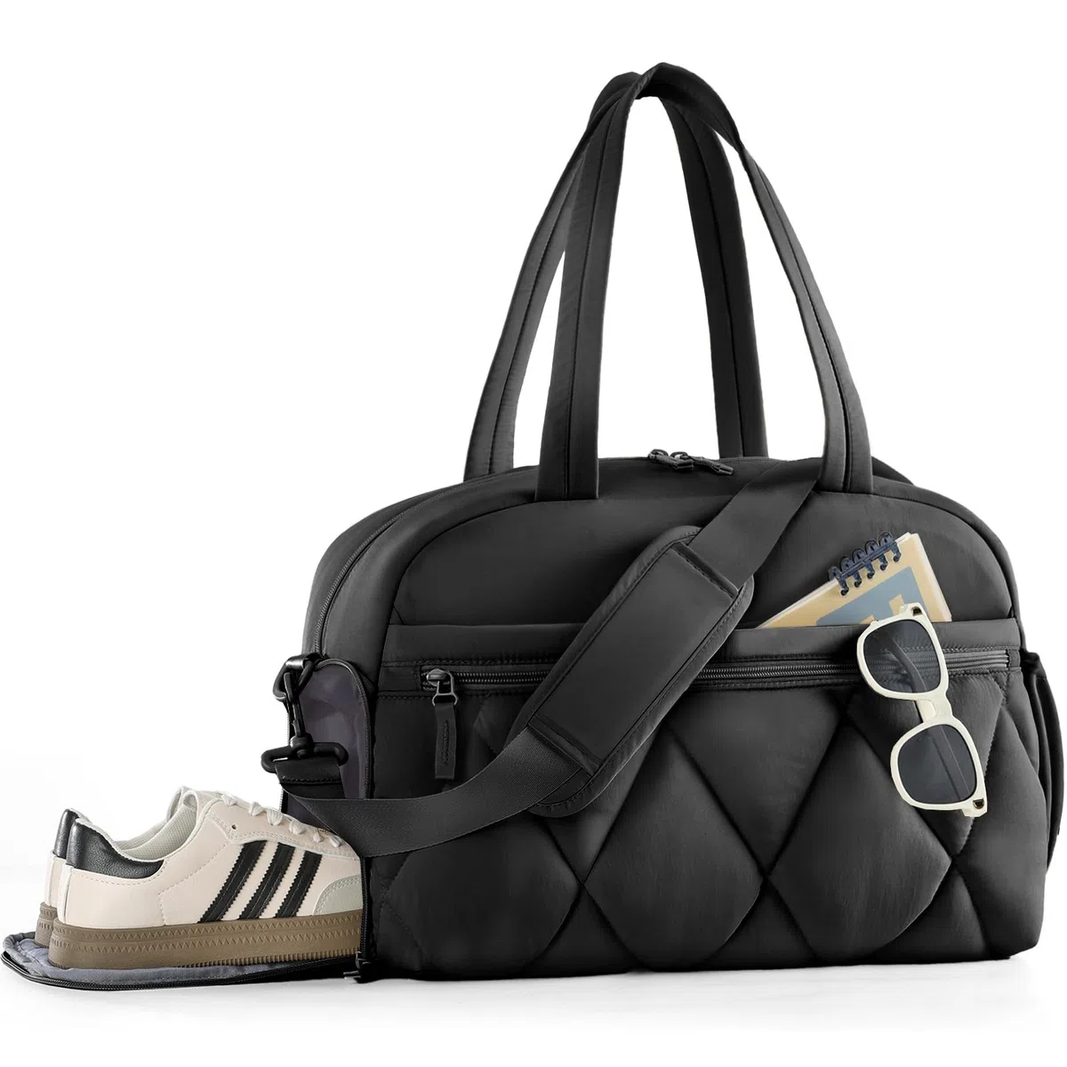Borsone da Viaggio Puffer per Donna Uomo, Borsa Palestra con Scomparto Scarpe e Borsa Bagnata in PVC, Borsoni Bagaglio a Mano, Borse Tracolla Leggero per Ospedale Weekend Sportiva, Nero