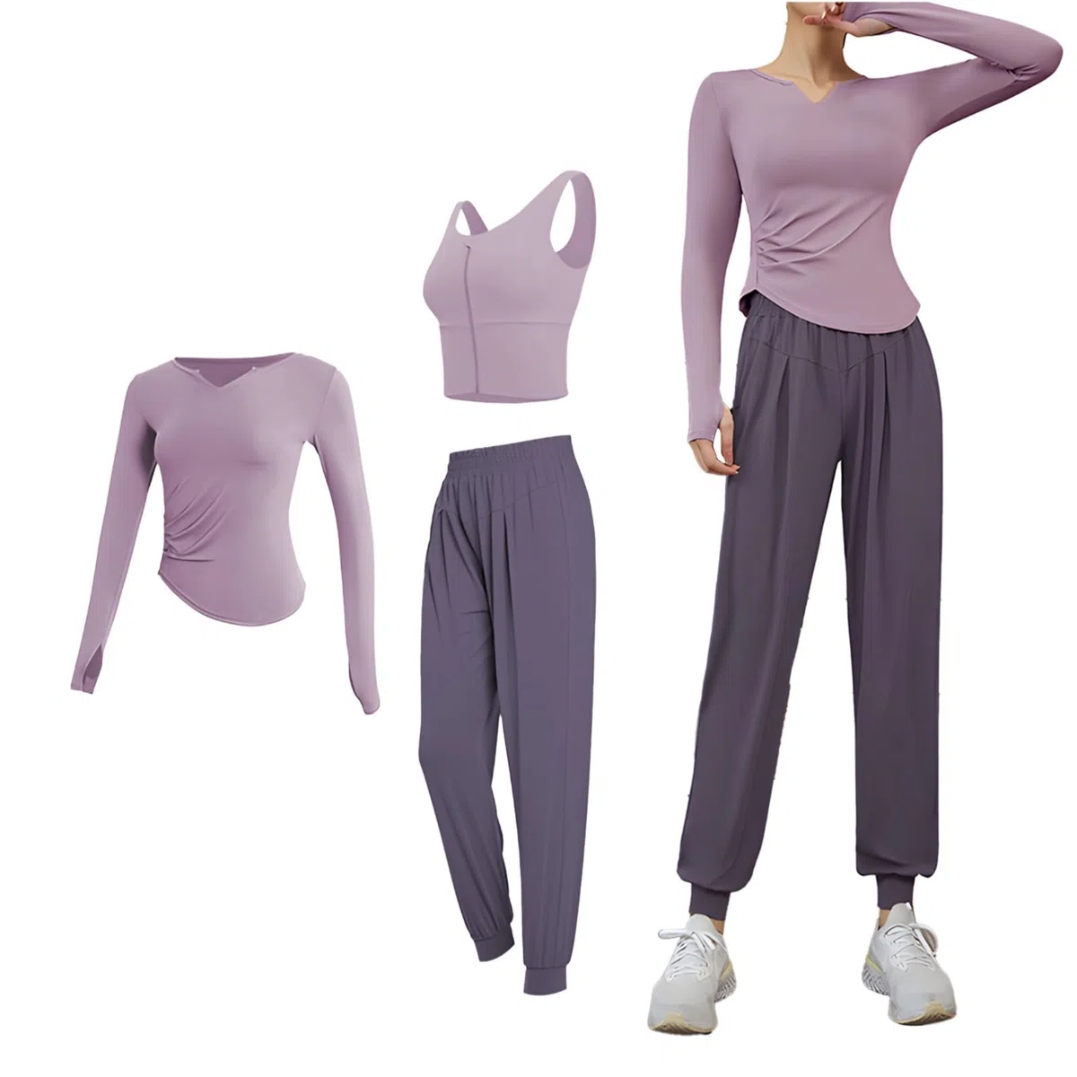 Set da allenamento da donna, 3 pezzi, per yoga, corsa e fitness, maglia a maniche lunghe, pantaloni da jogging e canotta senza maniche, traspirante, ad alta elasticità, viola