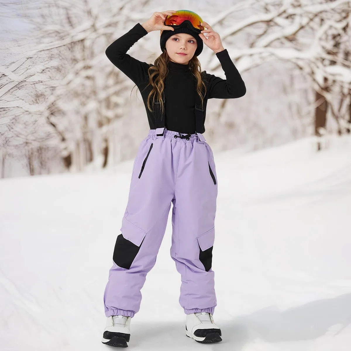 Pantaloni da sci per bambini, con calda imbottitura, con spalline, pantaloni da neve per ragazzi e ragazze, impermeabili, elastici, bretelle per snowboard, pantaloni da sci