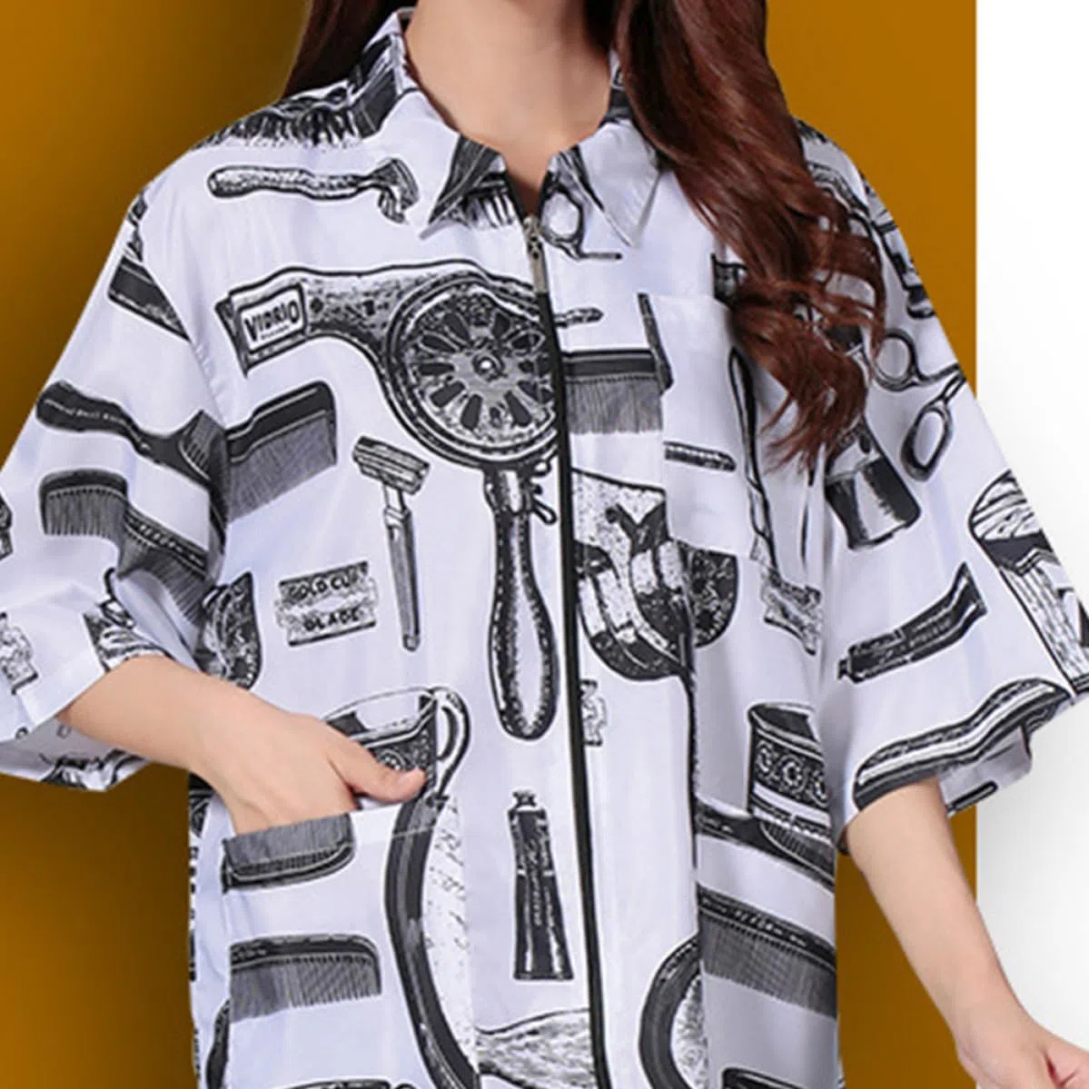 iplusmile Divisa da Lavoro in Tessuto Traspirante e Pelle Delicata per Parrucchieri Maniche Corte Chiusura Cerniera e Tasche, Abbigliamento Professionale Bianco Xl