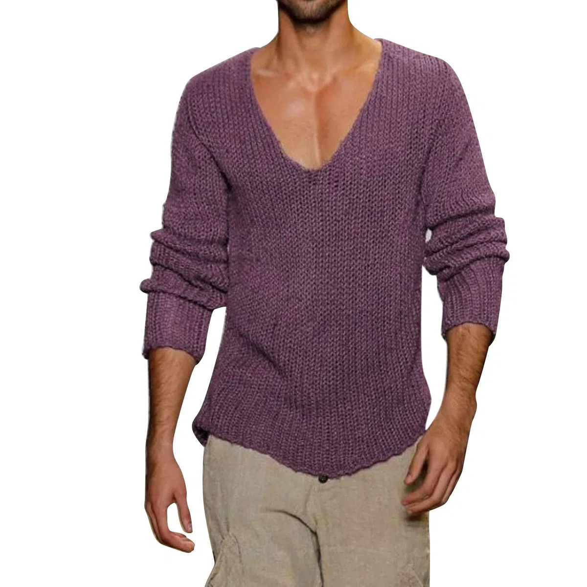 Maglia a maniche lunghe da uomo con scollo a V profondo, a maniche lunghe, a V, tinta unita, slim fit, tinta unita, a maniche lunghe