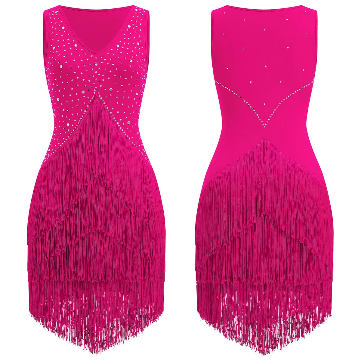 Abito da donna per salsa latina, stile vintage, anni '20, senza maniche, con strass, con frange, gatsby, cocktail, ballroom, tangos cha rumba