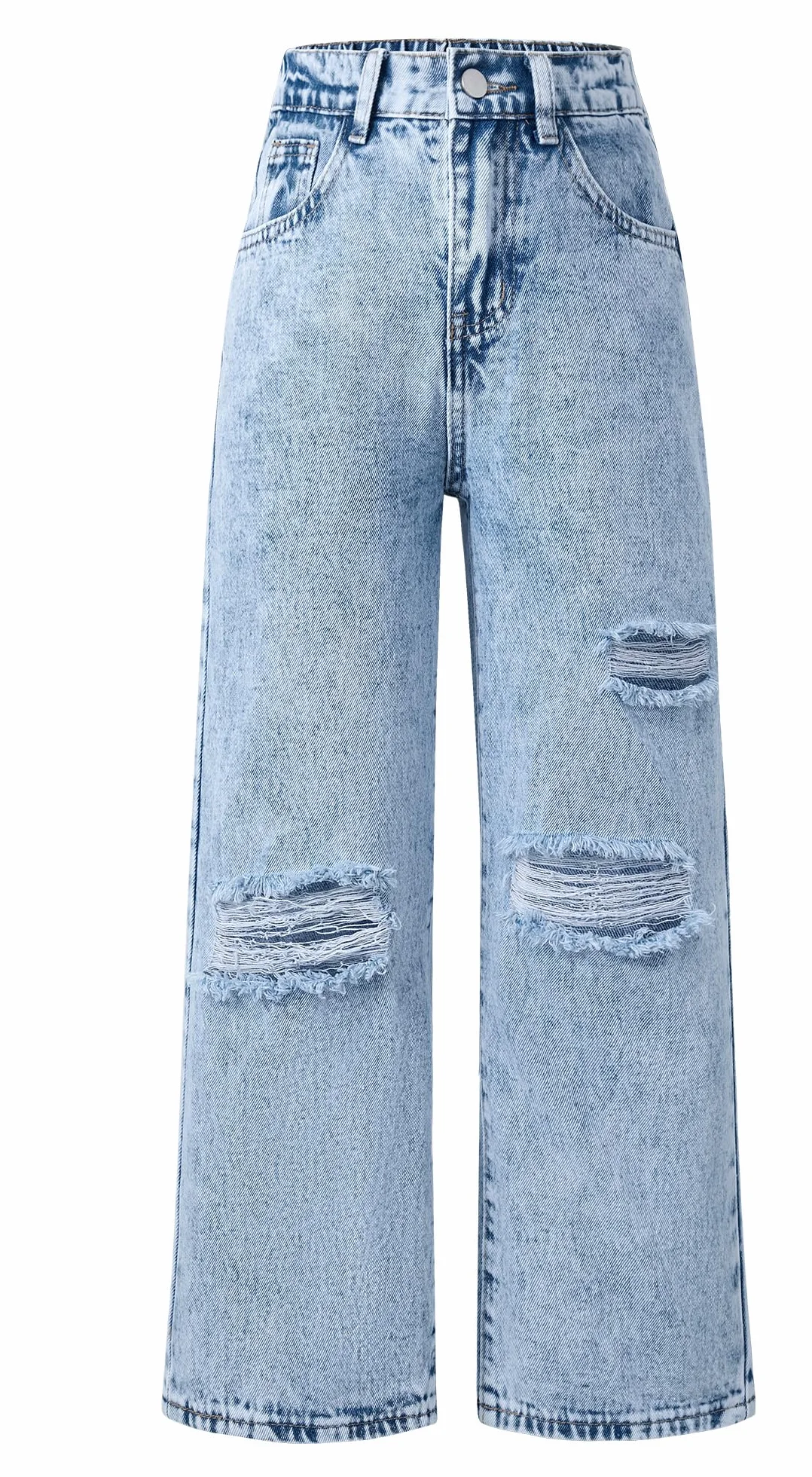 Happy Cherry Jeans Larghi Ragazze Pantaloni Strappati in Denim alla Moda Pantaloni Baggy Casual Vita Alta Elastica Vintage Blu Pants con Tasche per Bambina 5-14 Anni