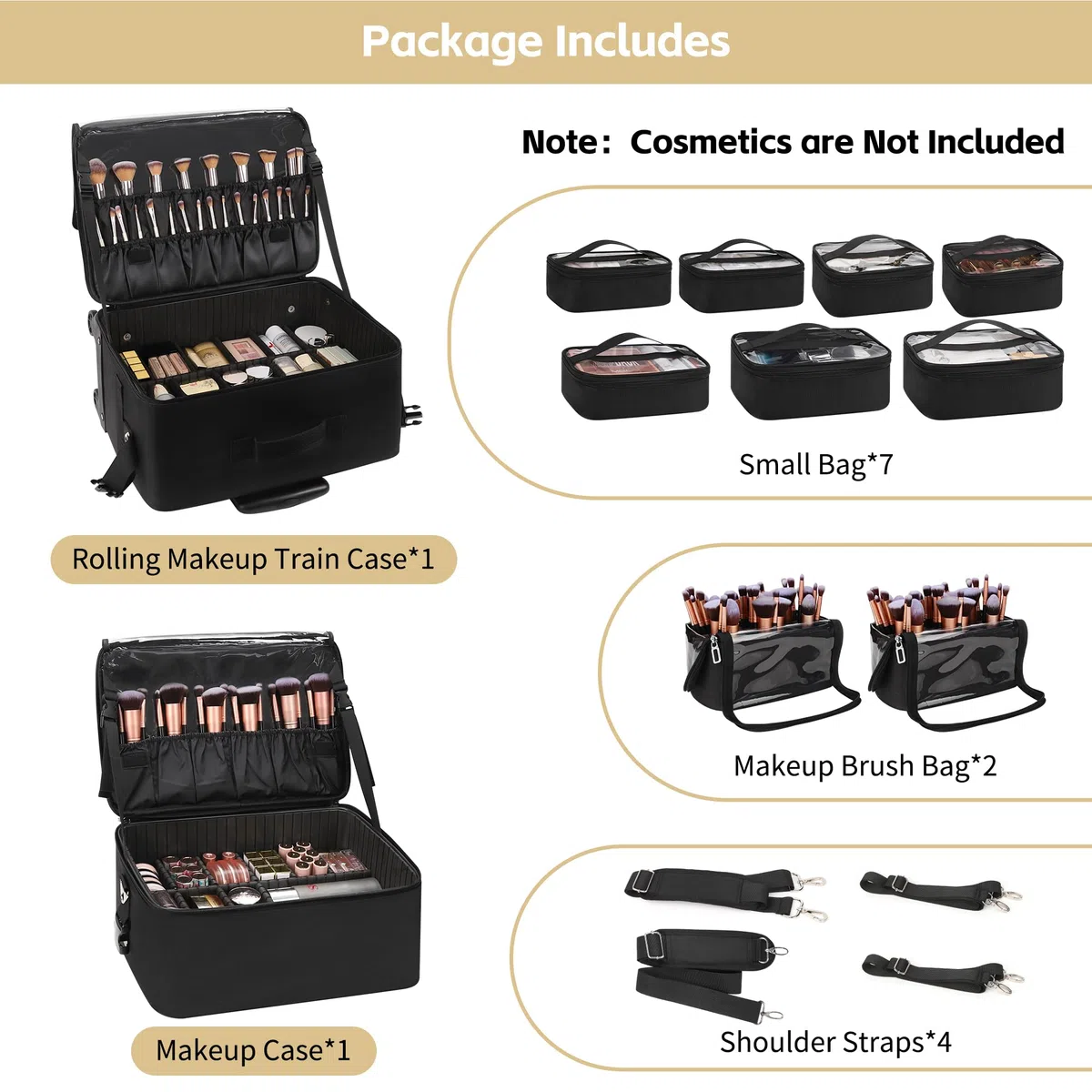 Valigia per trucco, organizer professionale per cosmetici con porta-pennelli, F-nero, Extra Groß