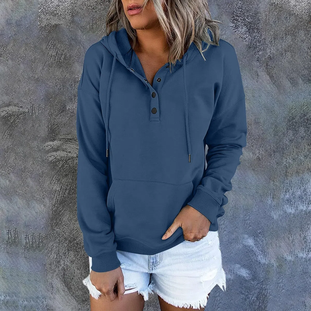 Maglione da donna a collo alto, lungo, casual, da donna, con cappuccio, bottone, scollo a V, coulisse, felpa con cappuccio da donna, senza cappuccio