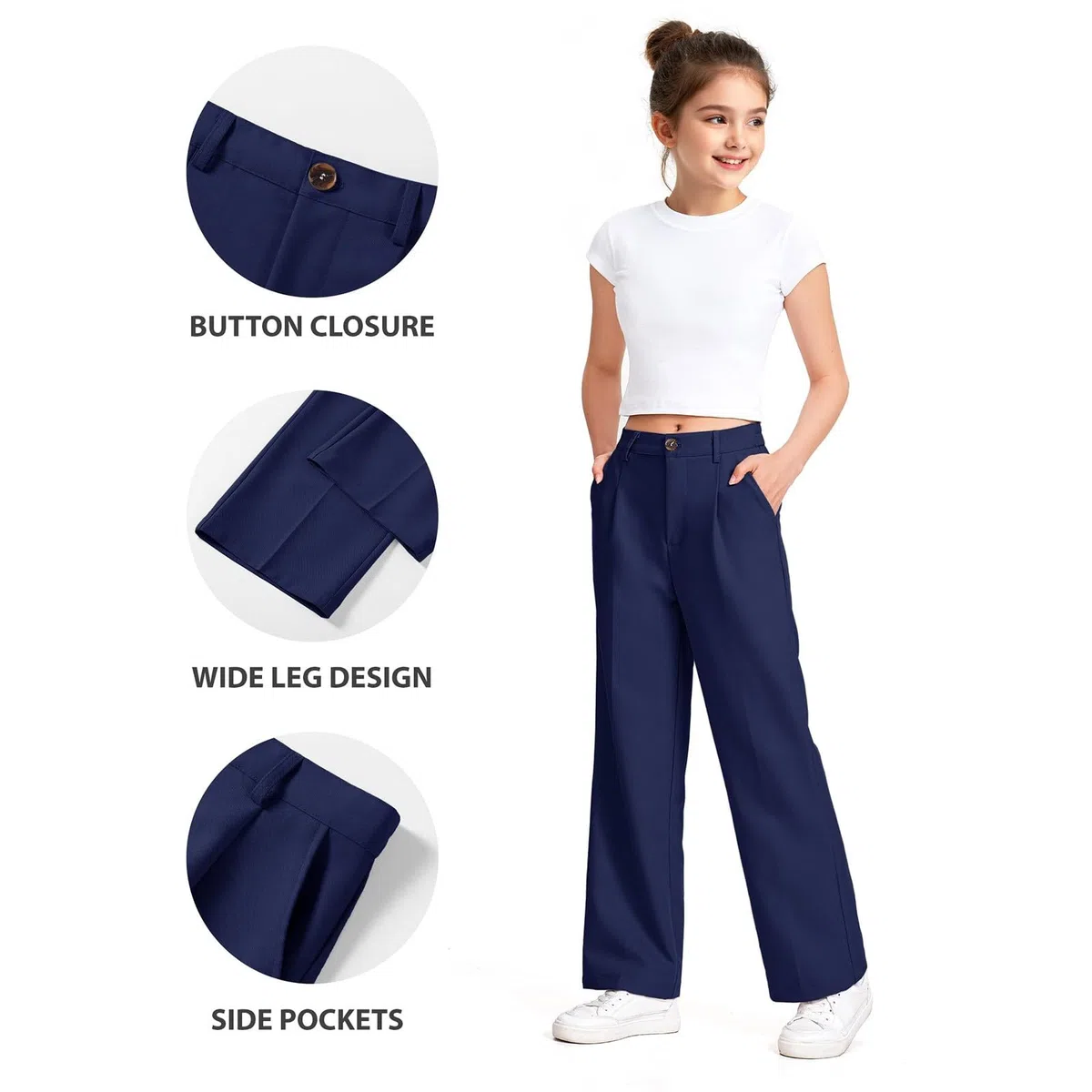 Pantaloni da scuola per ragazze Pantaloni per bambini Gamba dritta Indietro Elastico in vita Tinta unita Uniforme Scuola Pantaloni Tasche Elastico Casual Zip Up Button Bottoms