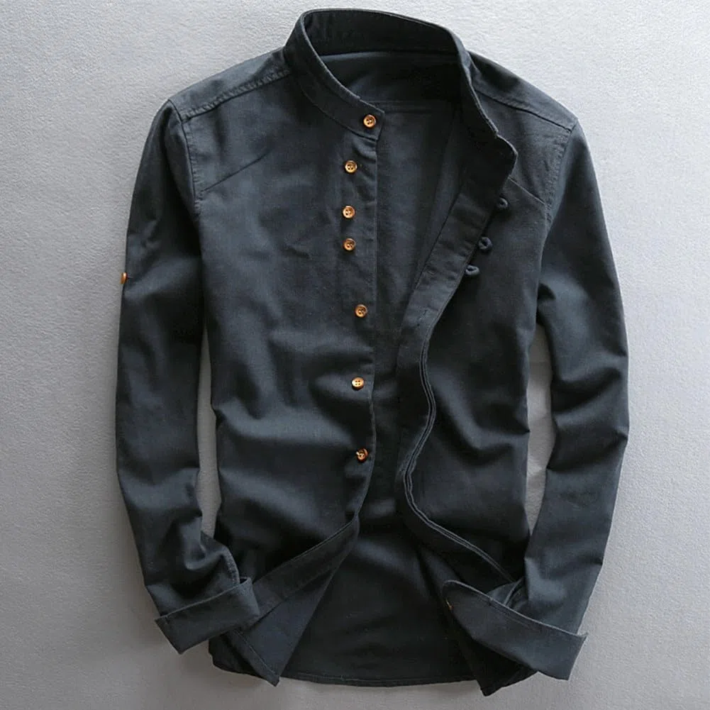 Camicia da uomo a maniche lunghe in cotone e lino, look professionale, con colletto alla coreana su misura (M, blu navy)