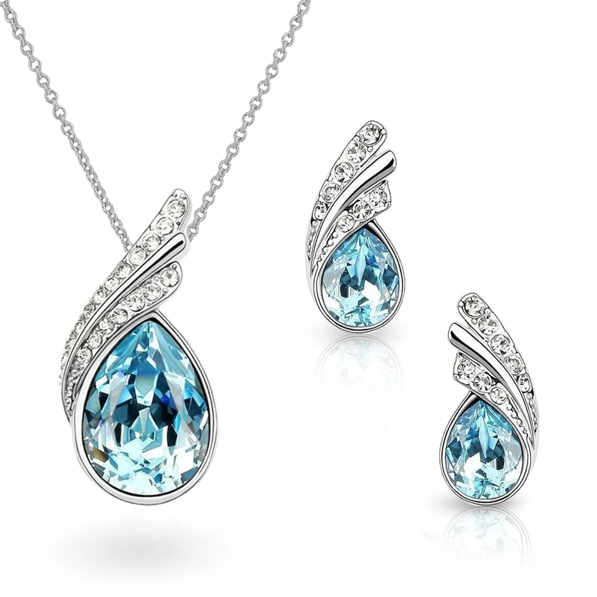 Crystalline Azuria Donna 18ct Placcato Oro Bianco Lacrima Cristalli Blu Acquamarina simulato Parure Collana con Ciondolo 45 cm Orecchini