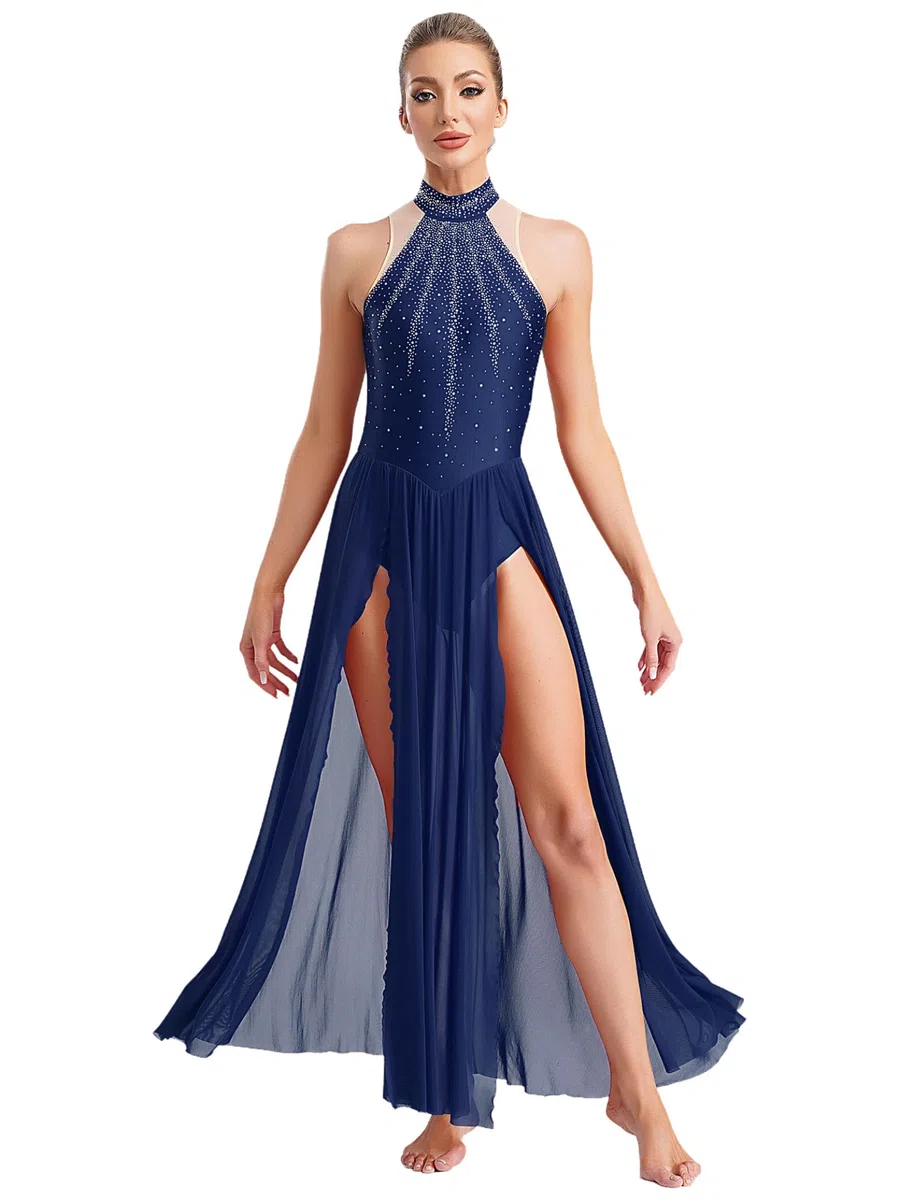 Vestito da ballo classico da donna, costume da danza contemporanea con strass, body da ginnastica con pattinaggio