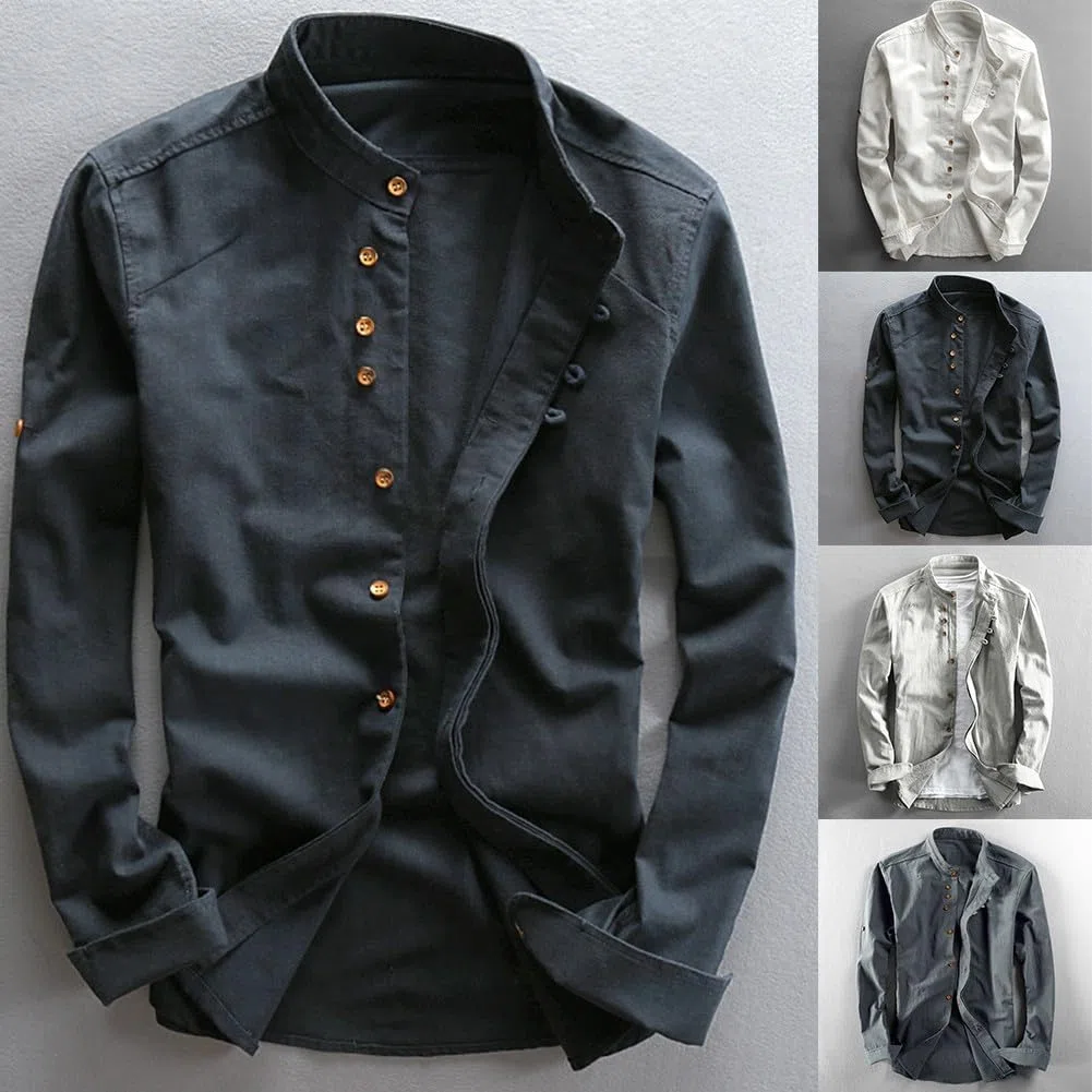 Camicia da uomo a maniche lunghe in cotone e lino, look professionale, con colletto alla coreana su misura (M, blu navy)