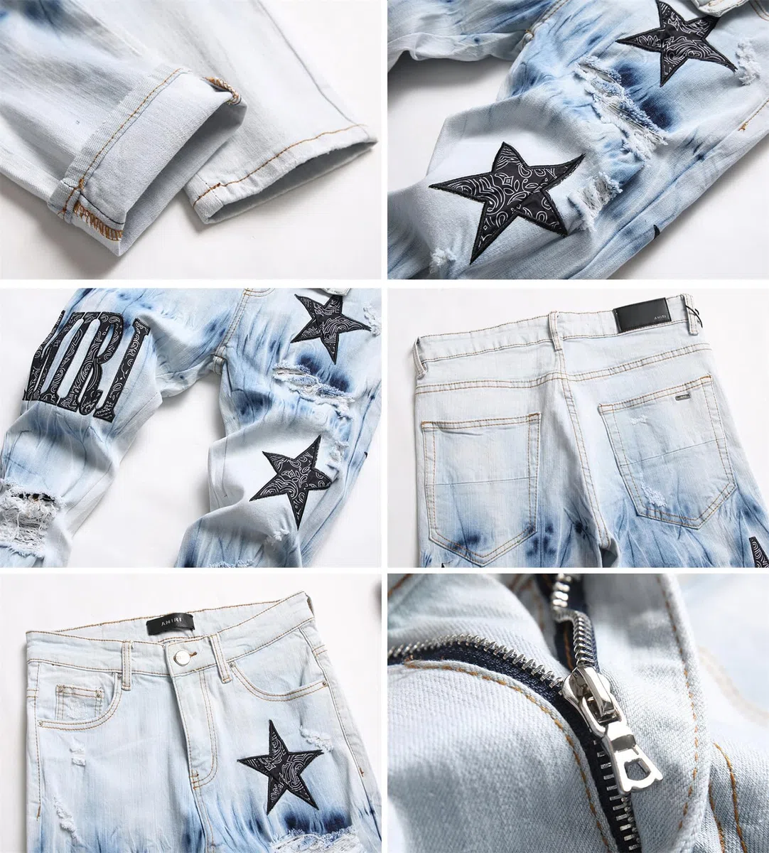 Jeans Uomo Strappati Ricamo Pentagramma Stretch Pantaloni Gamba Slim Pantaloni Uomo Versatili