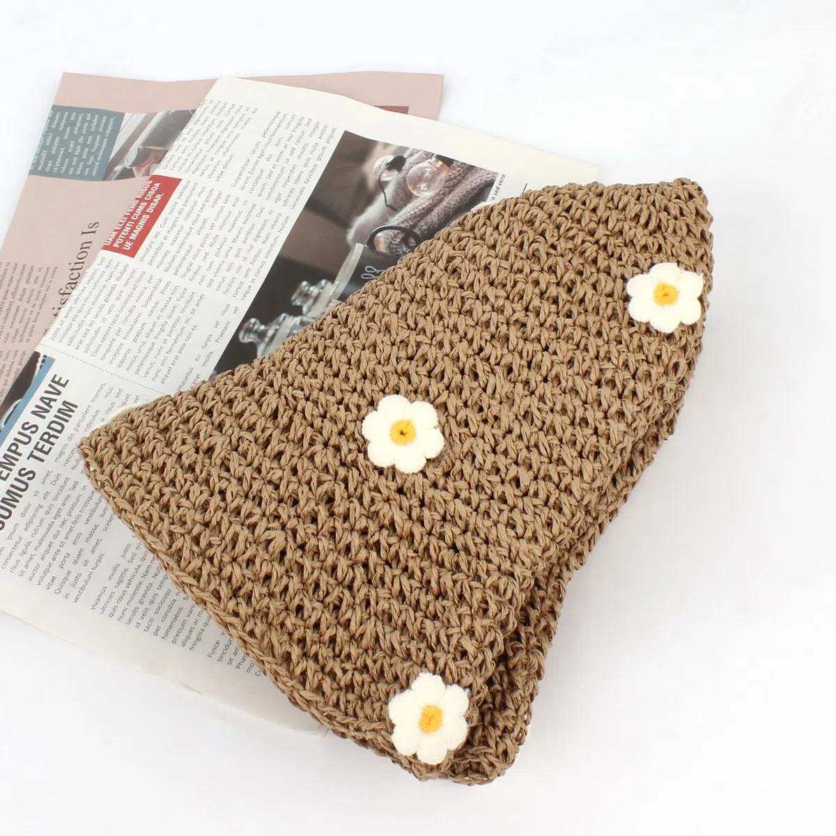 Cappello di paglia da donna, pieghevole, regolabile, estivo, in paglia, con fiori, da spiaggia, a tesa larga
