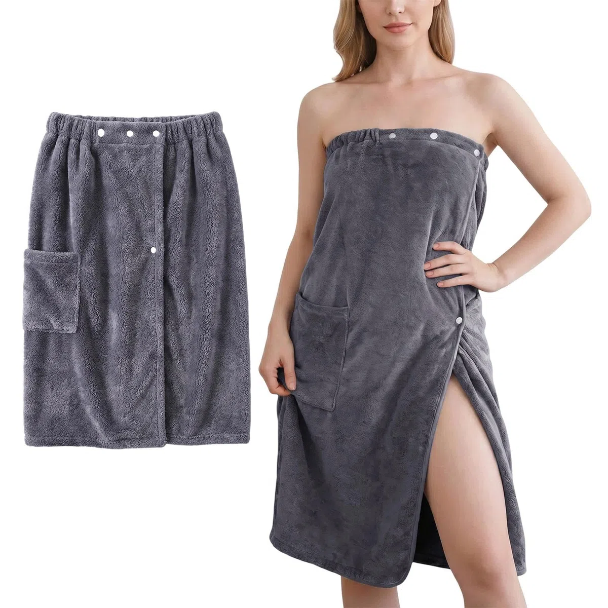 Kilt da Sauna Donna Morbido Sulla Pelle e Assorbente Asciugamano da Sauna con Bottoni Tasche e Elastico Accappatoio da Sauna Chiaro Accessorio Spa (Grigio)