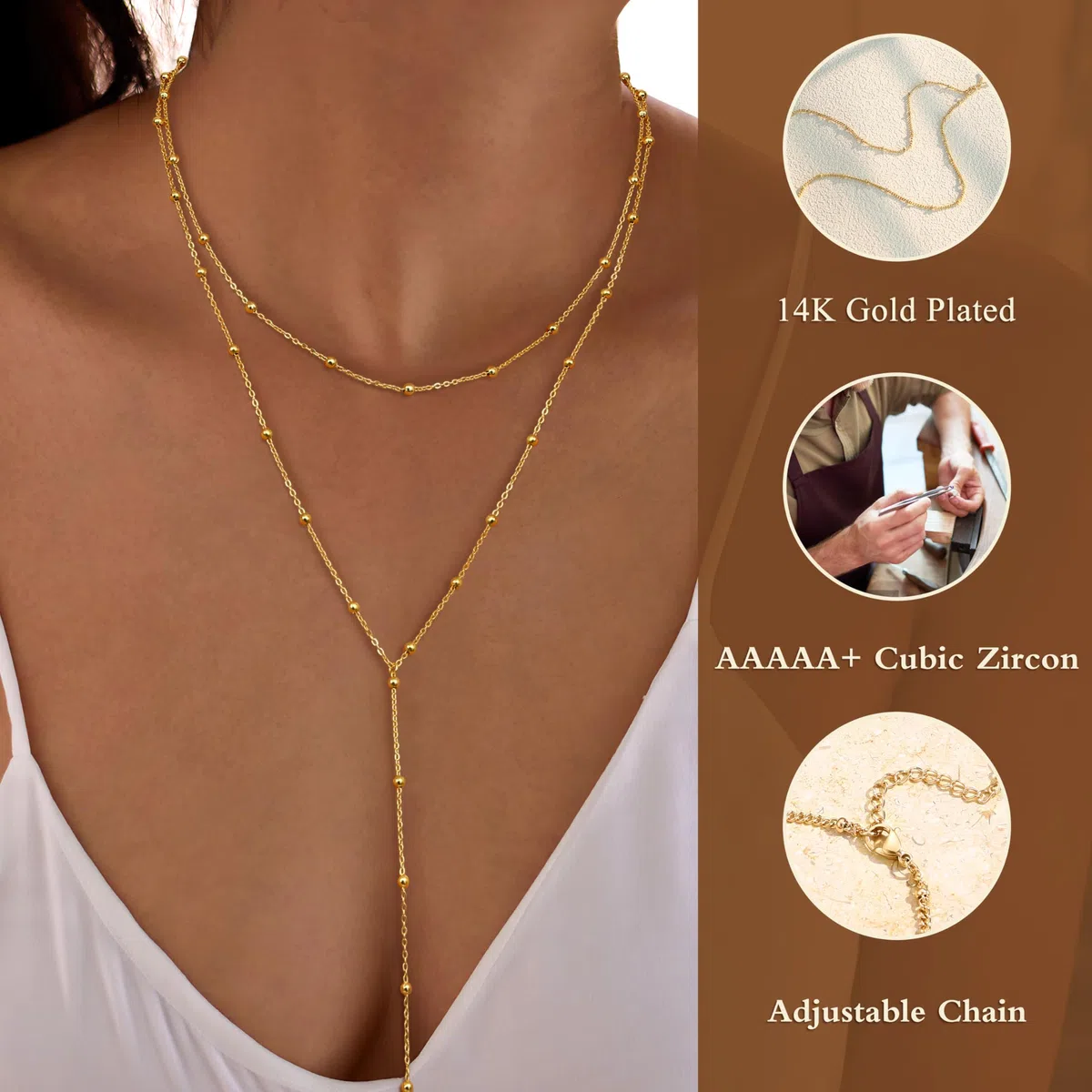 Dochais Collana Lunga in Oro da Donna con Pendente a Y Placcato in Oro 14K, Collana Multistrato con Perle CZ, Gioielli Eleganti per Donne