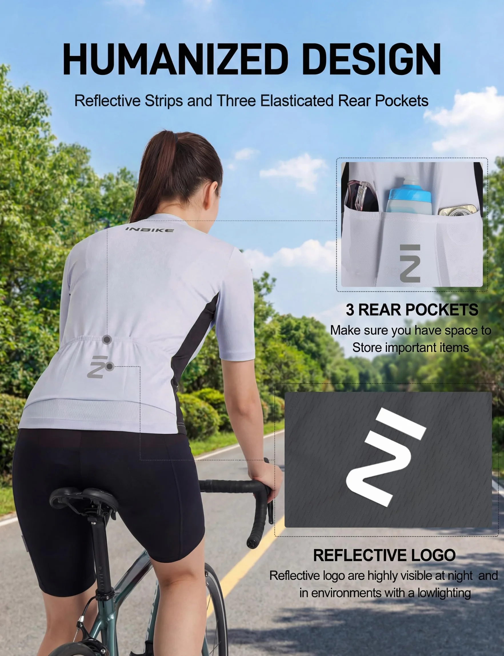 INBIKE Completo Ciclismo Donna Estivo Maglia Ciclismo Manica Corta + Salopette Imbottite 3D Completo Bici Traspirante Riflettente Asciugatura Rapida Elasticità Leggero DM