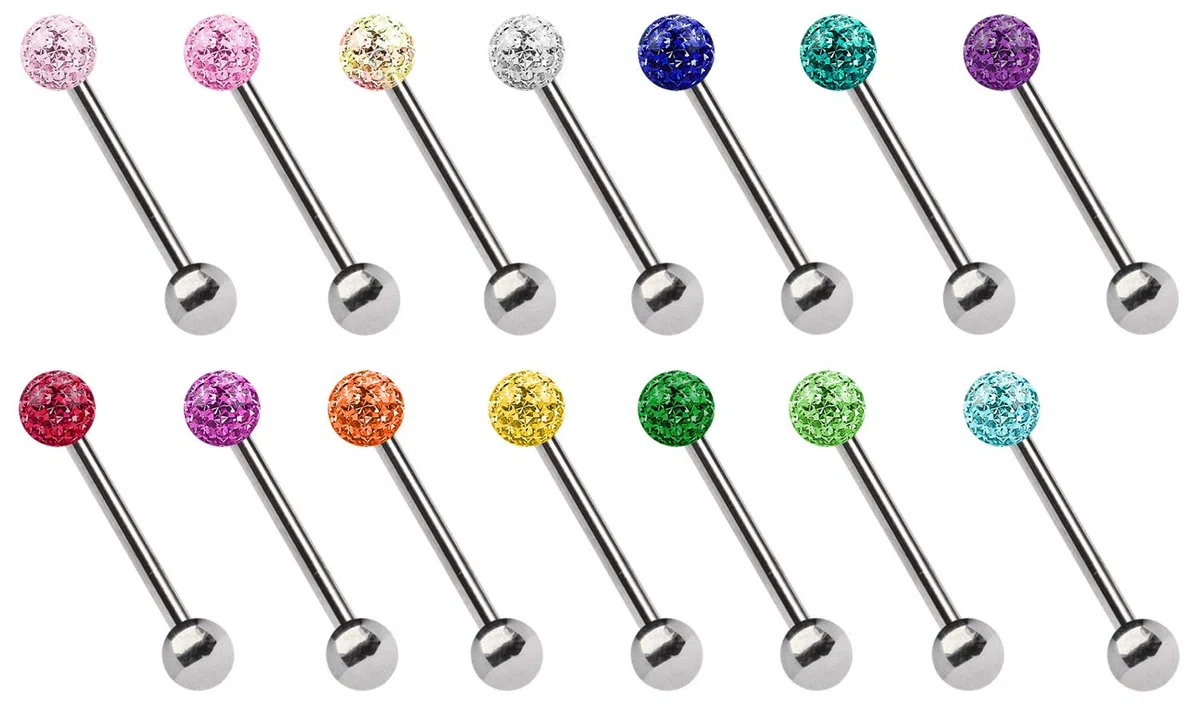 Titan Piercing per lingua Asta in 1,6 mm di spessore a scelta di 12 – 20 mm lunghezza con resina epossidica sfera in vetro trasparente, colore: trasparente, cod. E-ST15-41