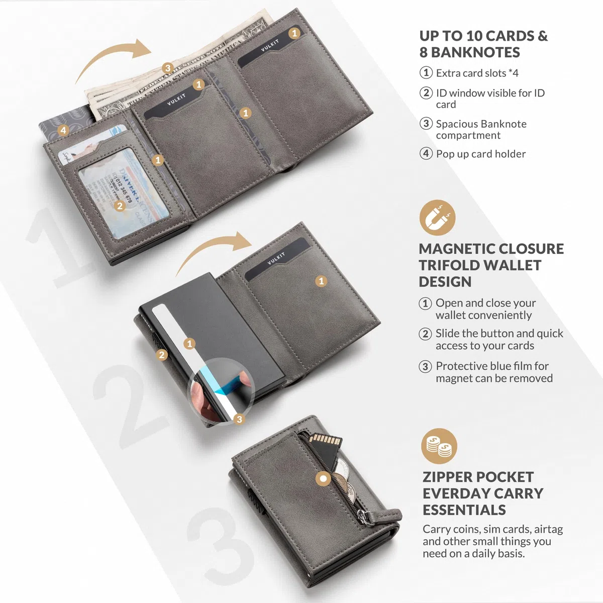 VULKIT Porta Carte Credito Portafoglio Slim Portacarte in Pelle Protezione Rfid Schermato Anticlonazione - Portatessere e Soldi con Porta Monete