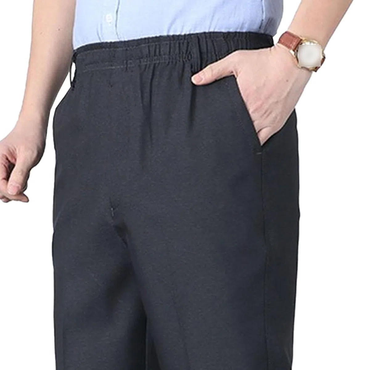 Pantaloni da uomo con elastico in vita per anziani, vita espandibile, pantaloni piatti sul davanti, vestibilità classica, pantaloni piatti sul davanti