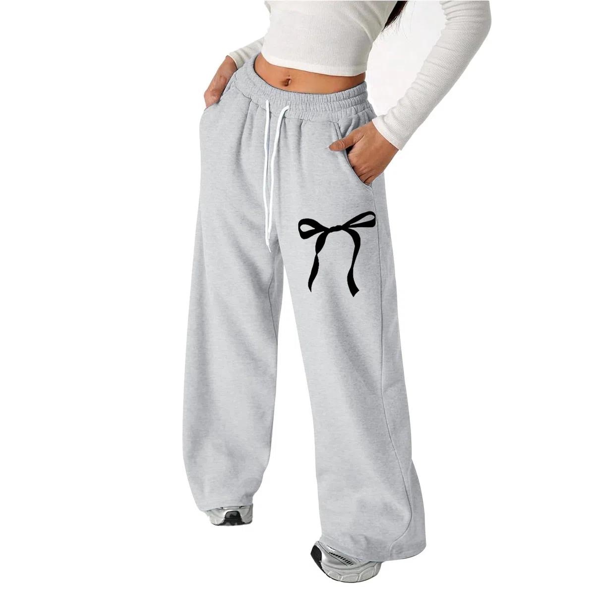 Pantaloni da Jogging con Fiocco per Ragazze Pantaloni Sportivi Leggeri con Gamba Dritta Tasche Ginnastica Pantaloni Ragazze Gamba Larga Elastico A Vita Alta