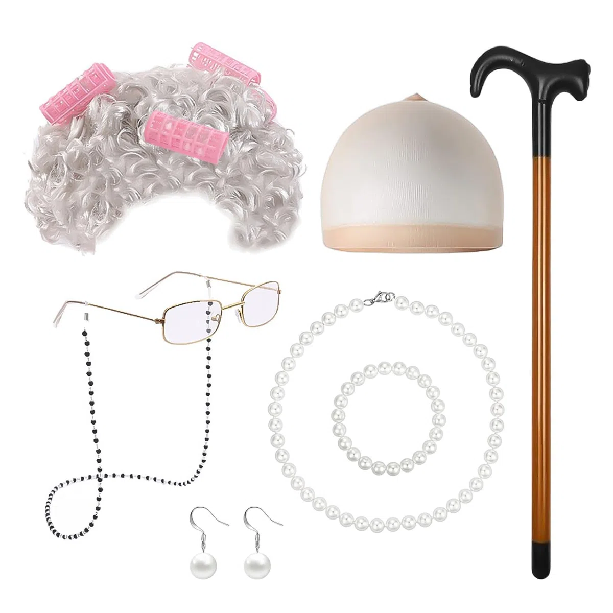 Set cosplay da 7 pezzi per vecchie donne, costume drammatico performance senior dressing, costume da cosplay della nonna, perfetto per Halloween, feste e spettacoli sul palcoscenico