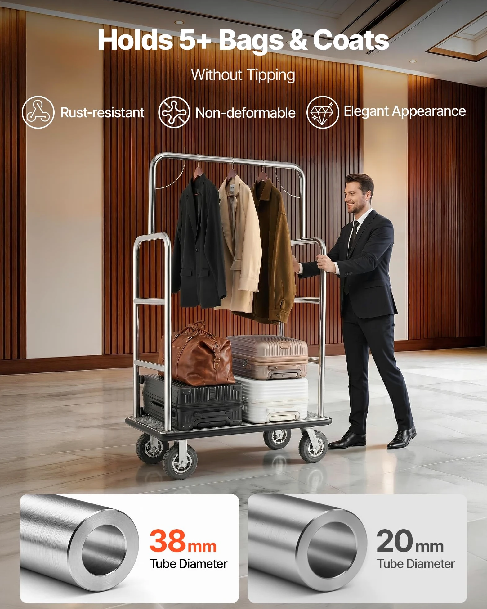 VEVOR Carrello Portavaligie per Hotel, Capacità di Carico di 544 kg Carrello Trasporto Portavaligie con Ponte in Moquette Grigia e Ruote in Gomma da 203,2 mm per Hotel, Condomini, Resort, Argento