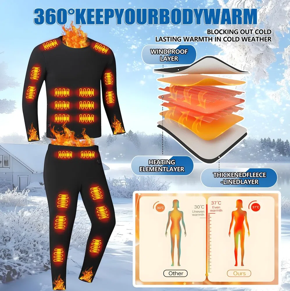 Biancheria intima unisex riscaldata,Zona 26 Top termico riscaldato, pantaloni con 16 zone,Interfaccia di alimentazione USB/DC,3 impostazioni di temperatura, adatta per campeggio ed escursionismo