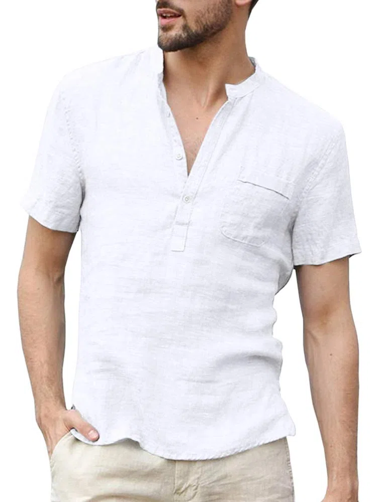 Runcati Henley - Camicia da uomo in lino, a maniche corte, per il tempo libero, estiva, per uomo