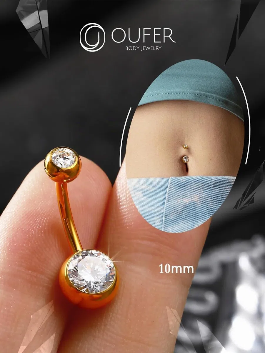 OUFER Piercing per Ombelico, in Titanio, per Ombelico, a Sfera, in Oro, con Doppia Gemma, per Donna, Uomo, 8, 10, 12, 14, 16 mm