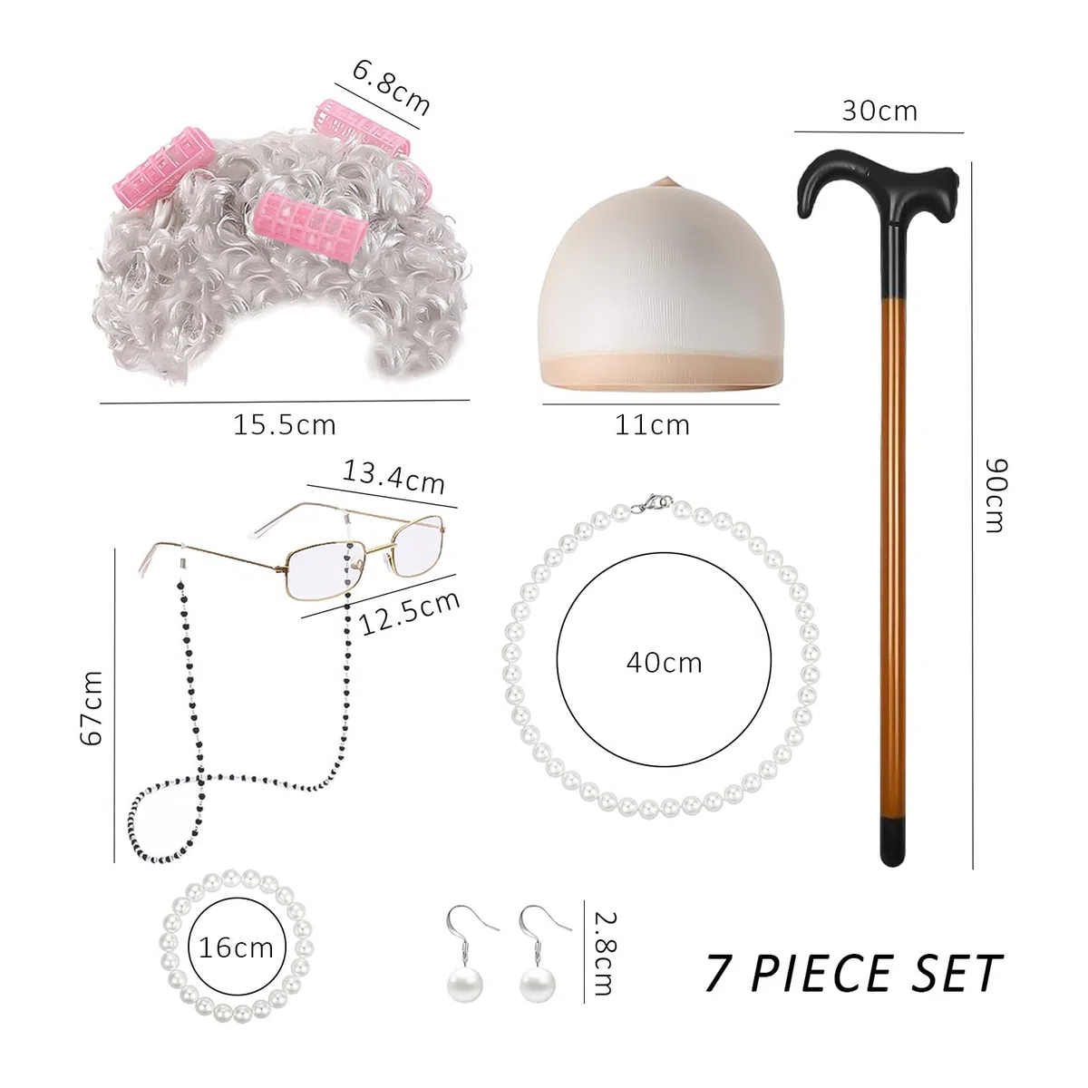 Set cosplay da 7 pezzi per vecchie donne, costume drammatico performance senior dressing, costume da cosplay della nonna, perfetto per Halloween, feste e spettacoli sul palcoscenico