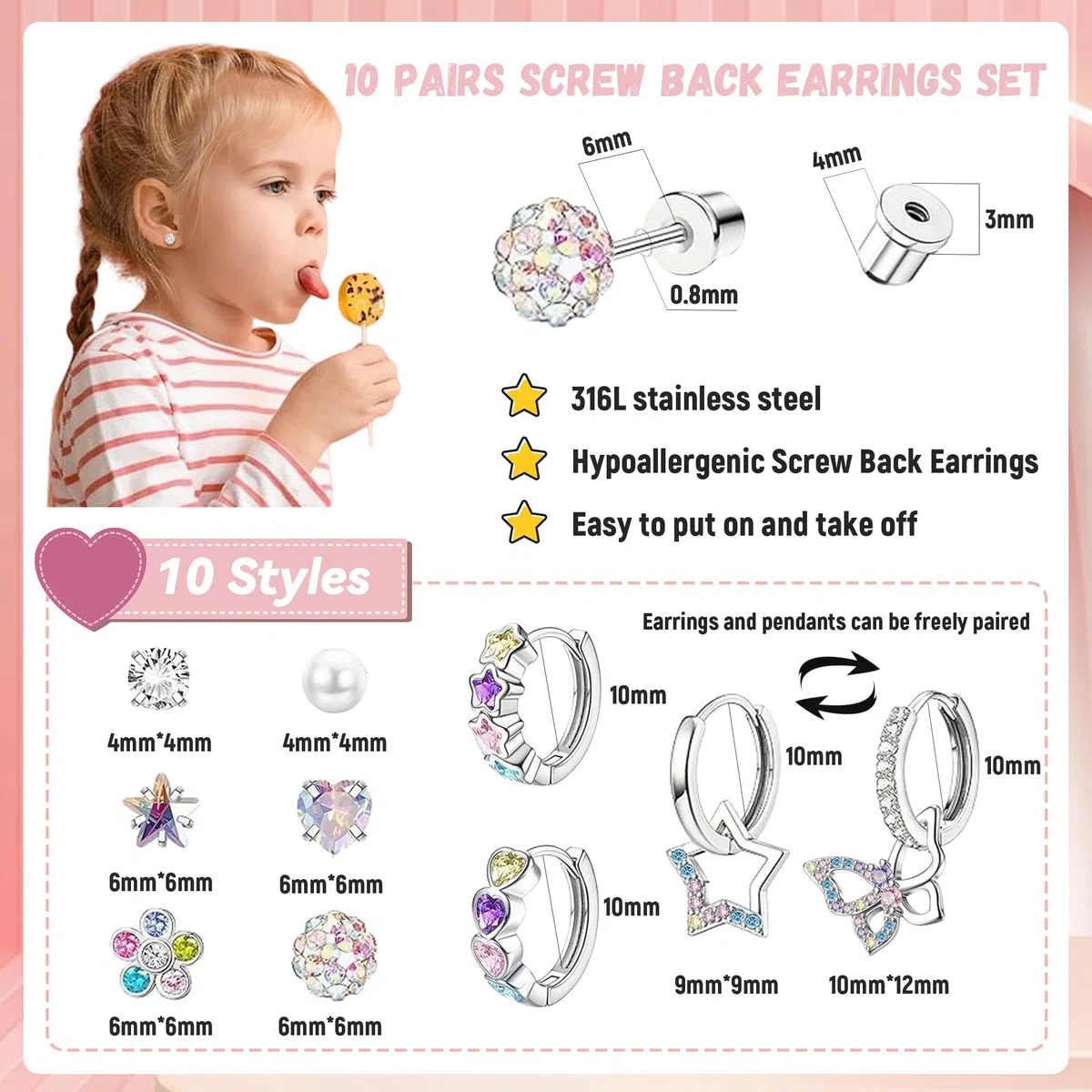 LOFITOR 10 Paia Orecchini a Vite Ipoallergenici, Acciaio Chirurgico, Piccoli Huggie, Pendenti CZ Stella Farfalla, Set Stud a Vite per Orecchie Sensibili Donne Ragazze