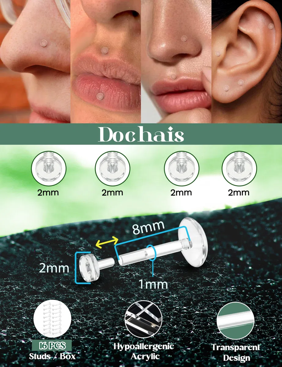 Dochais 16G 18G Trasparente Piercing Fermi Flessibile Acrilico Chiaro Retainer Piercing Labbro Naso Labret Fermi Trago Helix Cartilagine Orecchino Transparent Piercings 16 Pezzi 6mm 8mm 10mm 12mm