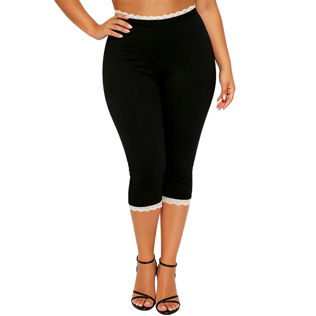 Leggings Capri con bordo in pizzo per donna a vita alta tinta unita slim fit pantaloni corti casual loungewear pantaloni