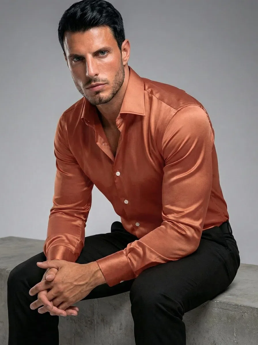 FUNKY RICH Camicia da uomo in raso di seta a tinta unita con maniche lunghe e colletto - lunghezza standard e chiusura con bottoni, camicie formali da uomo, elegante camicia da uomo