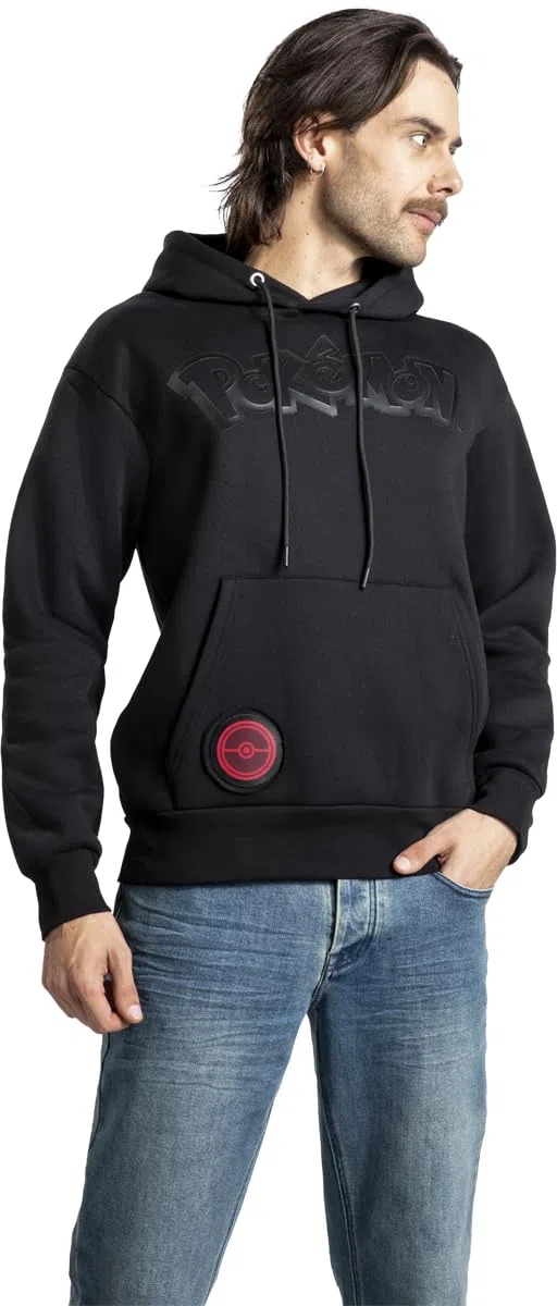 Pokémon Heat Logo - Black on Black Uomo Felpa con Cappuccio Nero 65% Cotone, 35% Poliestere Regular