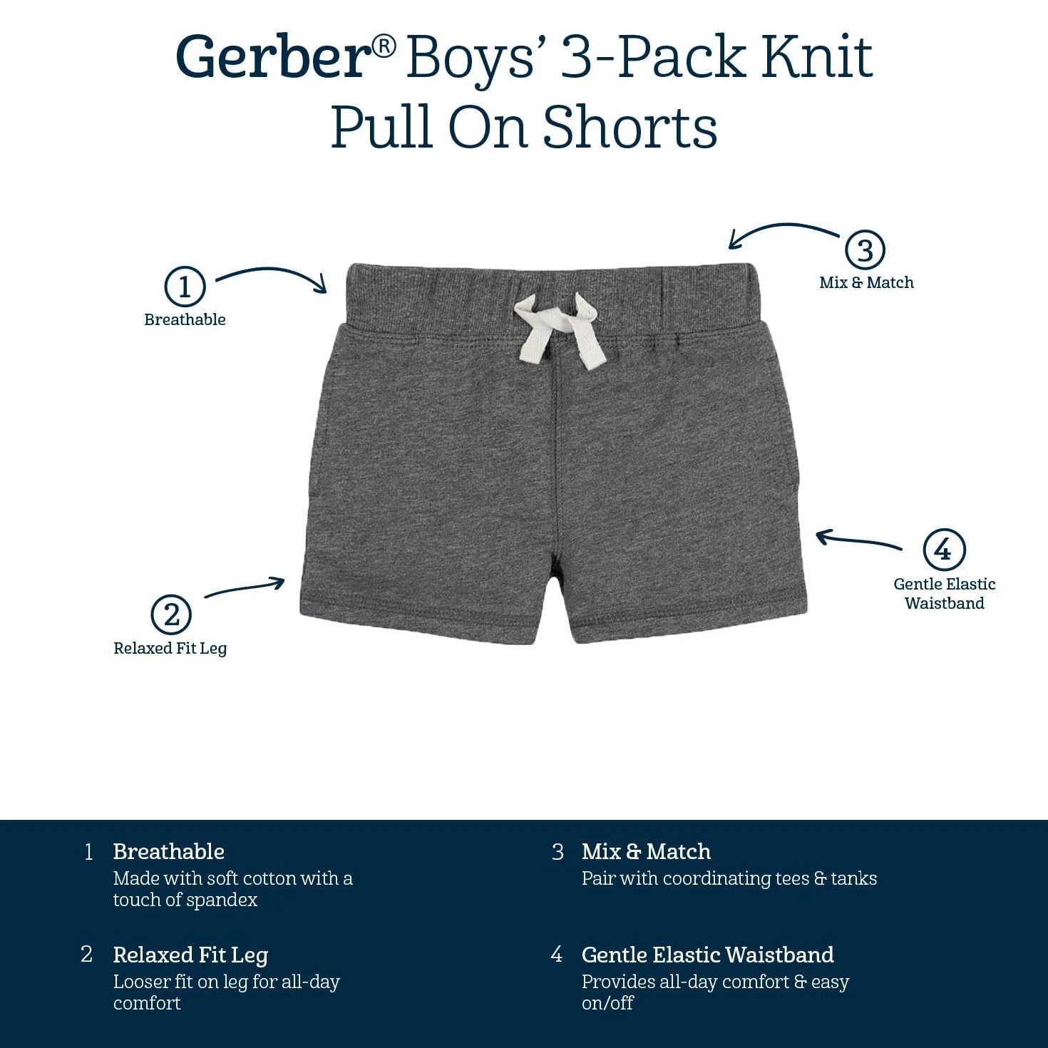 Gerber Pantaloncini in maglia pull-on da bambino per bambini, confezione da 3, grigio e nero, 4 anni