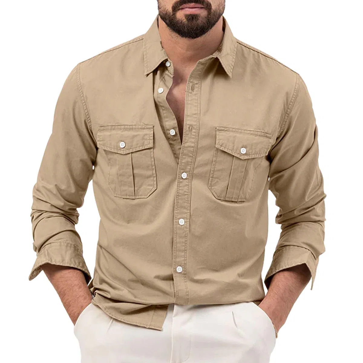Camicia Safari Uomo a Maniche Lunghe - Casual Loose Stile tattico Cargo, Workwear all'aperto Leggero, a Bottoni per Hiking e Viaggi
