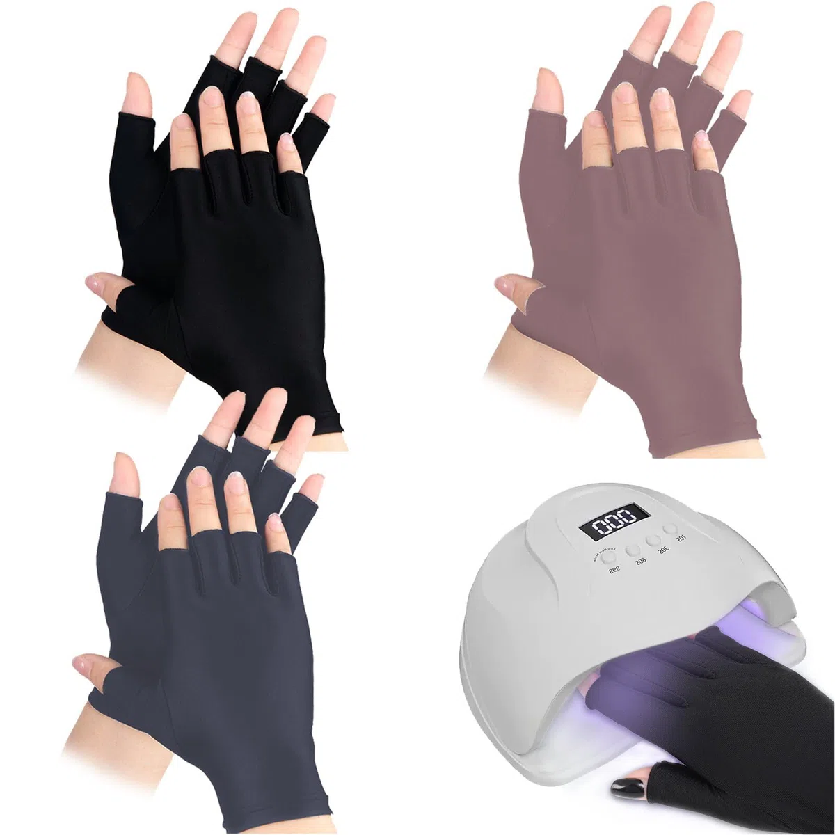3 Paia Guanti Protezione UV Unghie, Guanti per Manicure, Guanti Anti UV per Lampada per Unghie in Gel (Nero Grigio Viola)