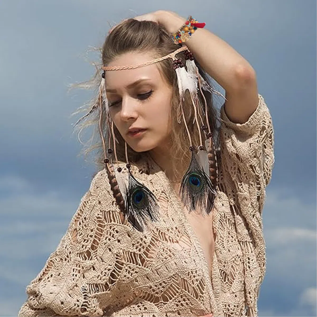 Set di 4 Accessori Hippie Boho, Fascia per Capelli A Piume, Abbigliamento Anni '70 da Donna, Vintage Boho Hippie con Fascia per Capelli E Collana B