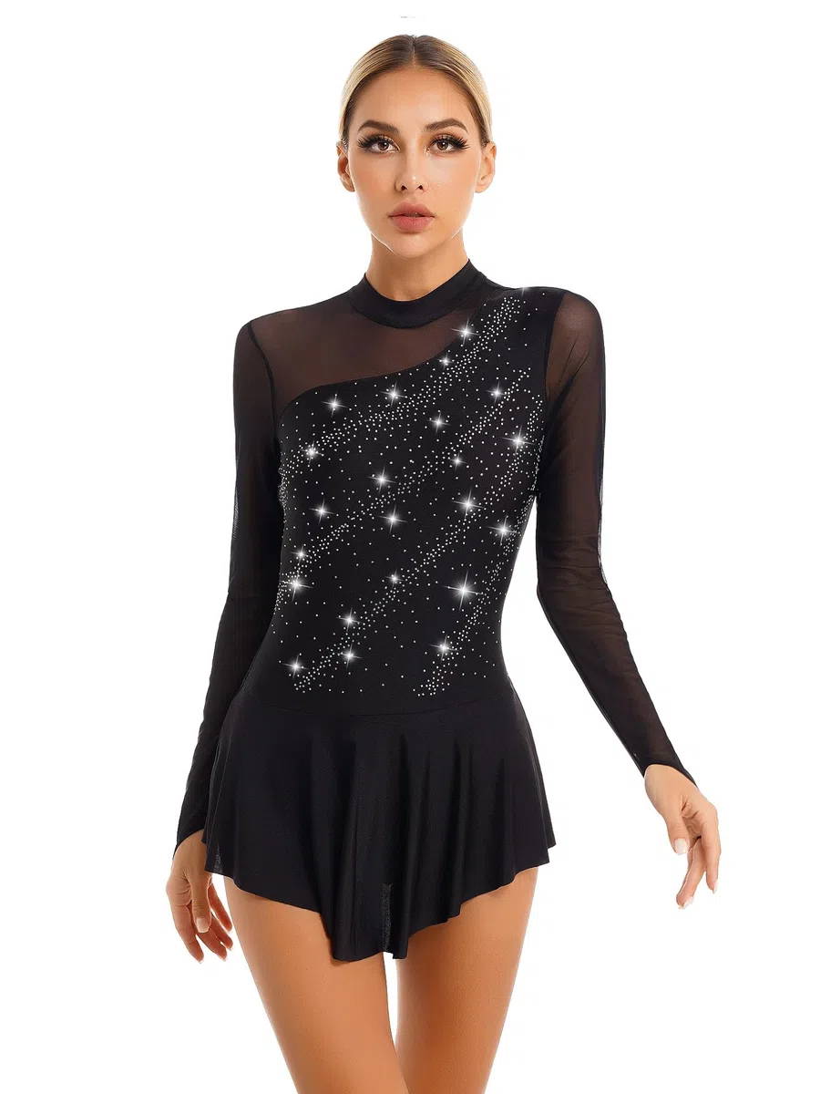 Freebily Abito da Pattinaggio Artistico Donna Paillettes Leotards Vestito Danza Classica Manica Lunga Body da Balletto Ballerina Costumi di Danza Samba Rumba Jazz Dancewear