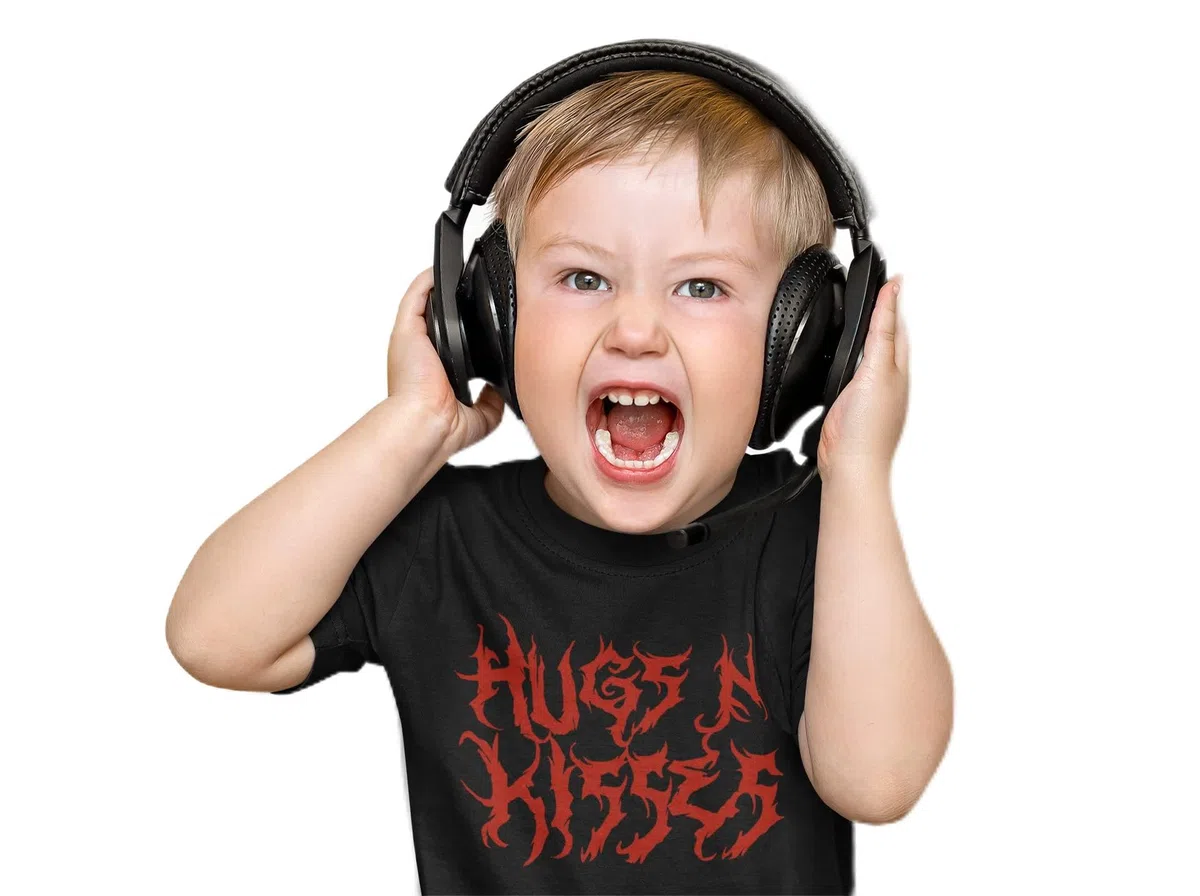 Funny HUGS n KISSES - Maglietta a maniche corte con fascia in metallo pesante per neonati e bambini, unisex con musica cool rock | Regali alternativi per bambini | BABY MOO'S IT