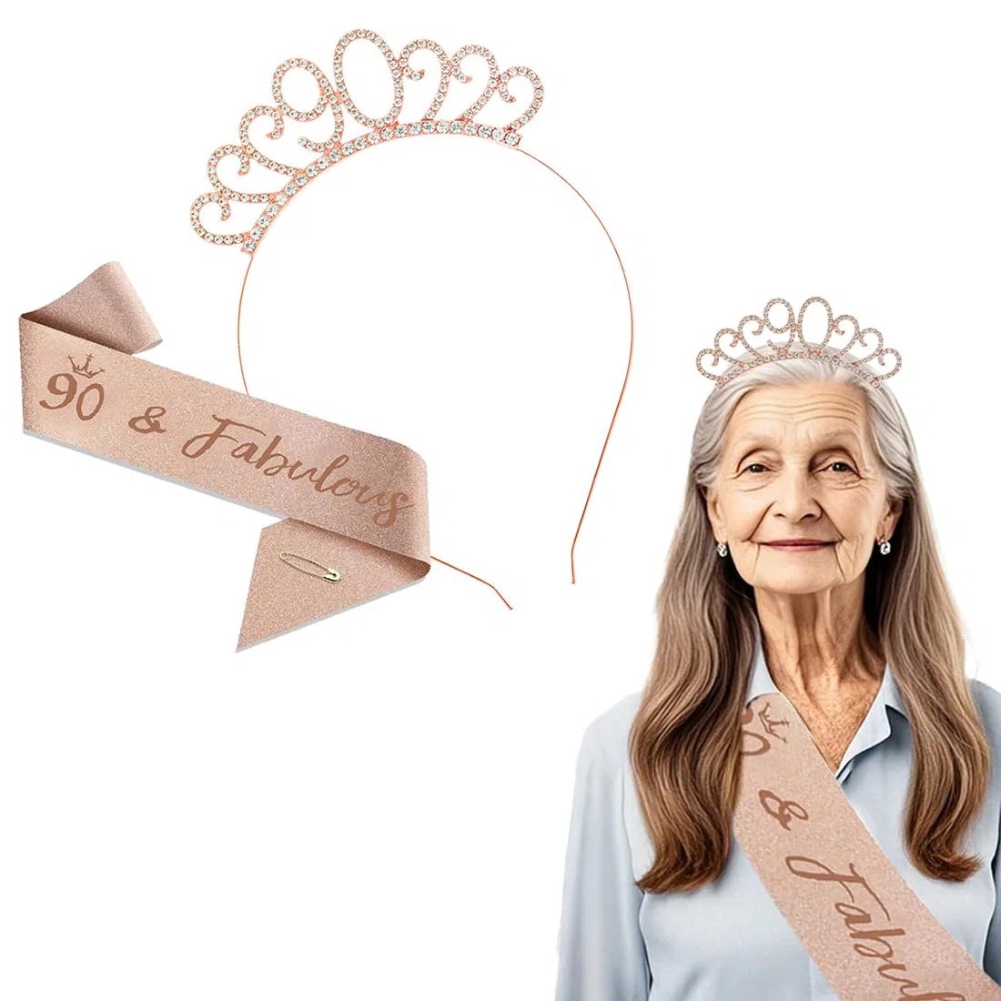 Fascia e Corona per Compleanno Donna, 90 Anni, Oro Rosa, Decorazioni per Torta, Regalo per il 90° Compleanno da Donna
