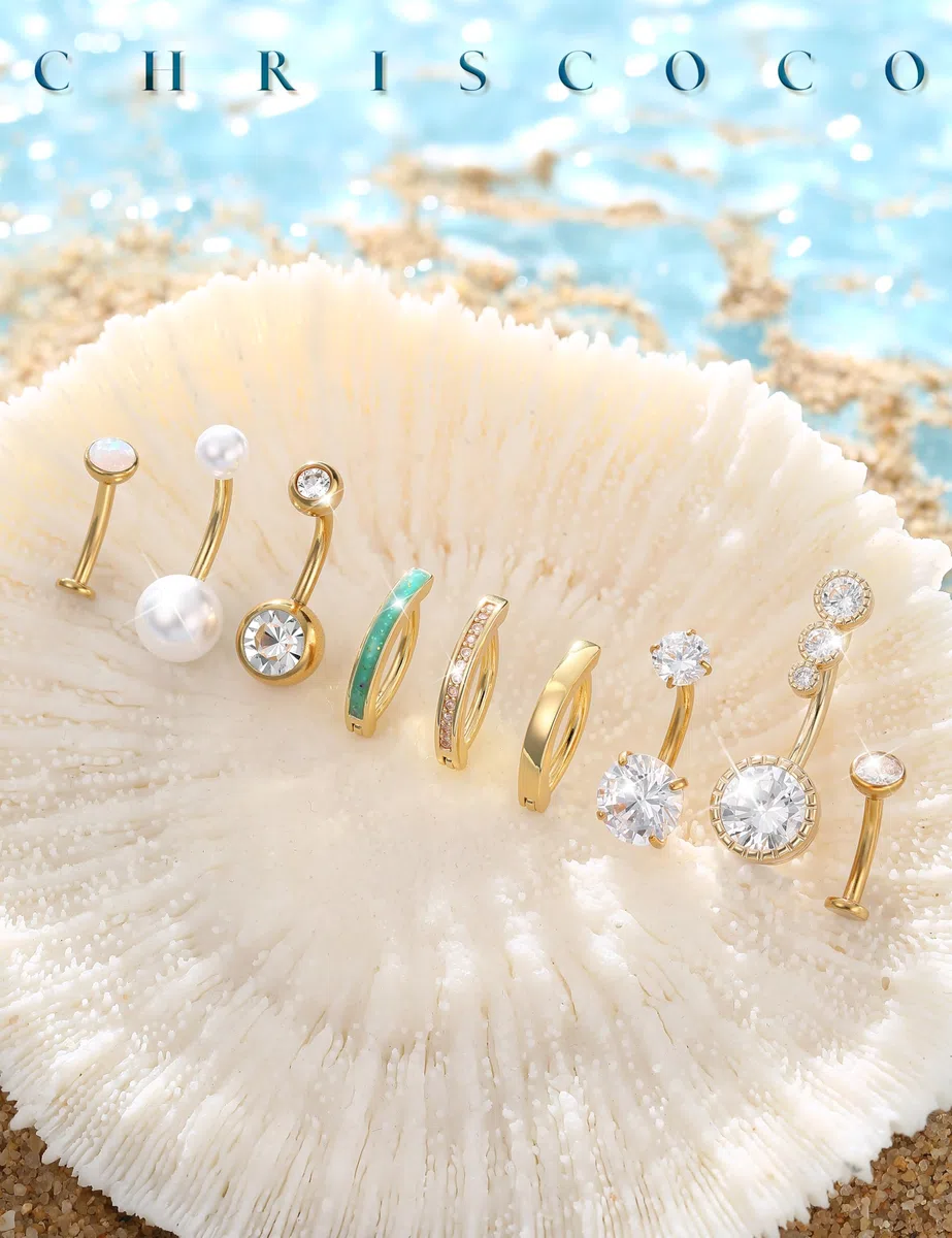Chriscoco 9 Pezzi Piercing Ombelico Acciaio Chirurgico Argento Oro, 14G Piercing Ombelico, CZ Piercing Ombelico Anello, Piercing Ombelico Gravidanza, Navel Piercing per Le Donne
