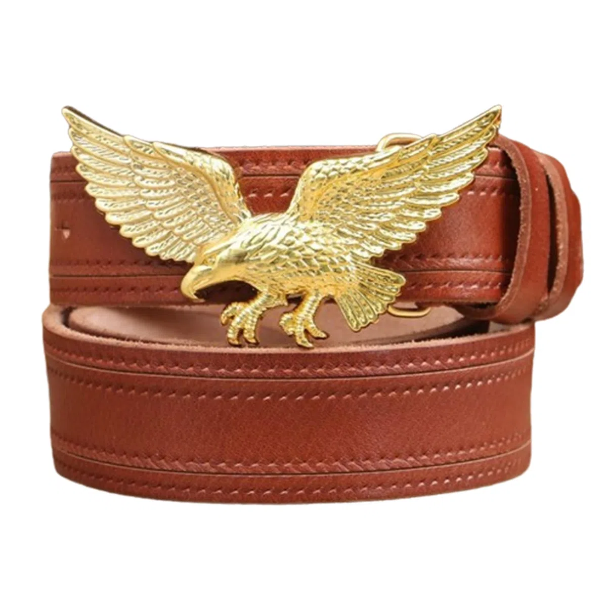 Donna Uomo Cintura A Scatto in Pelle con Incisione Dell'aquila Volante d'oro,Fibbia Occidentale Cinture da Cowboy Cowgirl Country(120cm/47, Reddish Brown)